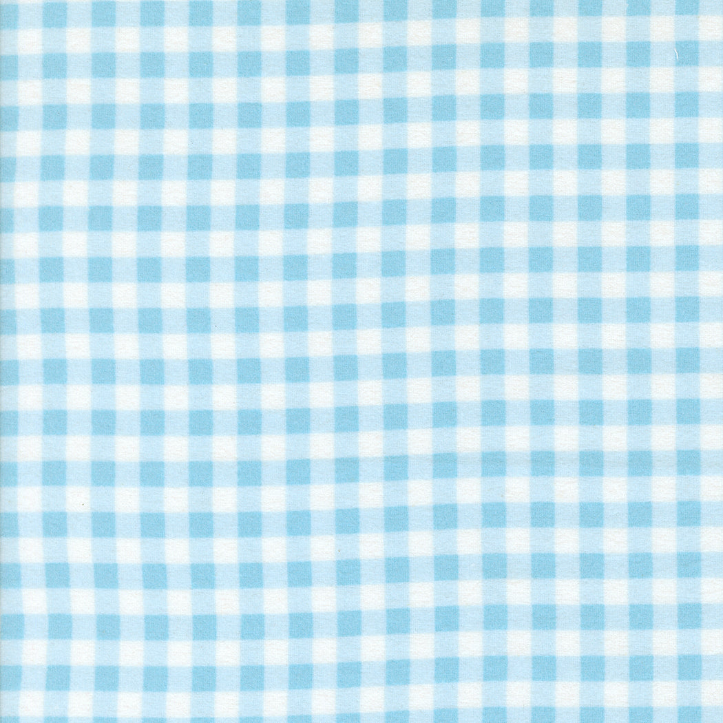 Sherbet Sunshine Flannel Gingham Sky fabric by Corey Yoder of Coriander Quilts for Moda Fabrics featuring light blue and white check pattern.