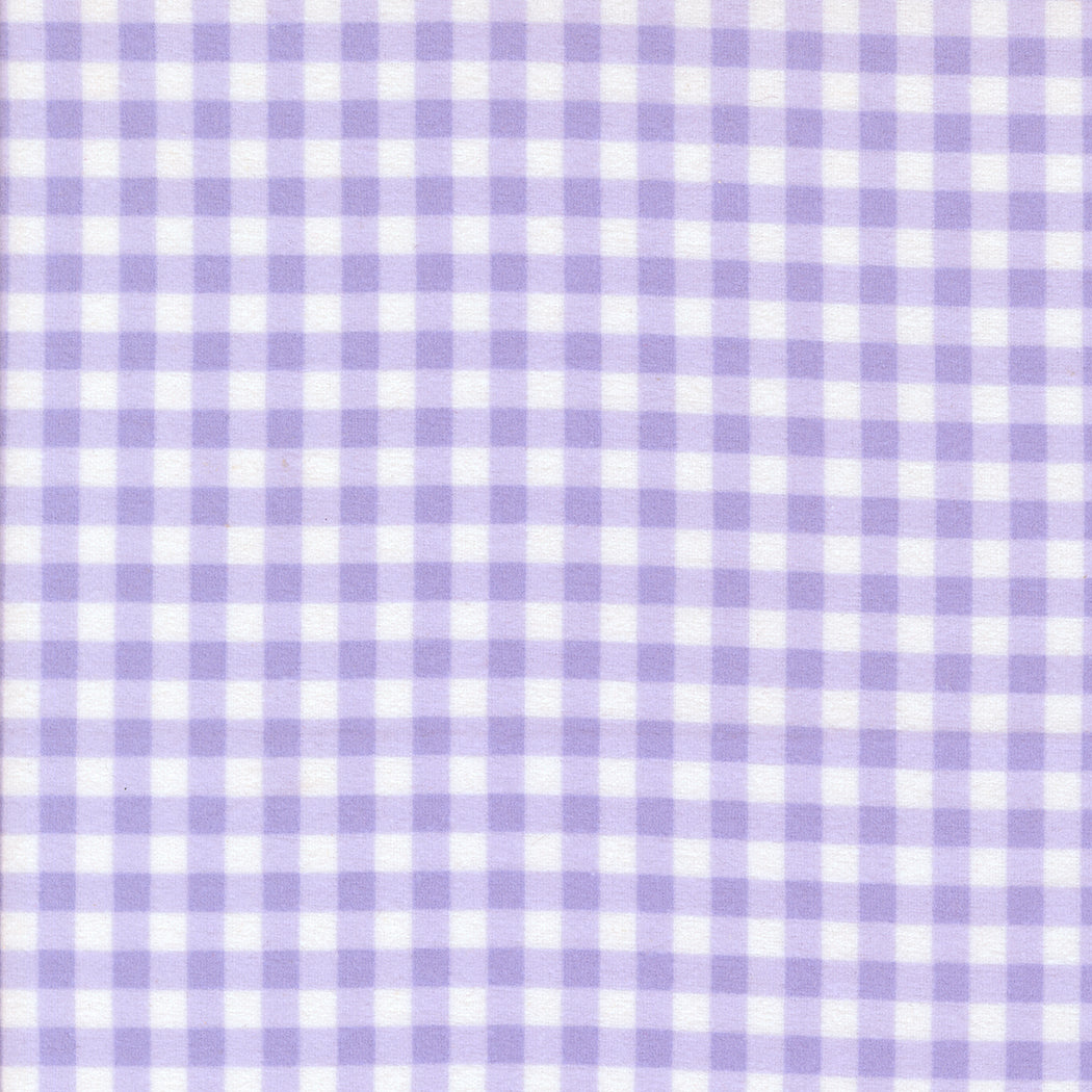 Sherbet Sunshine Flannel Gingham Lavender fabric by Corey Yoder of Coriander Quilts for Moda Fabrics featuring lavender and white check pattern.