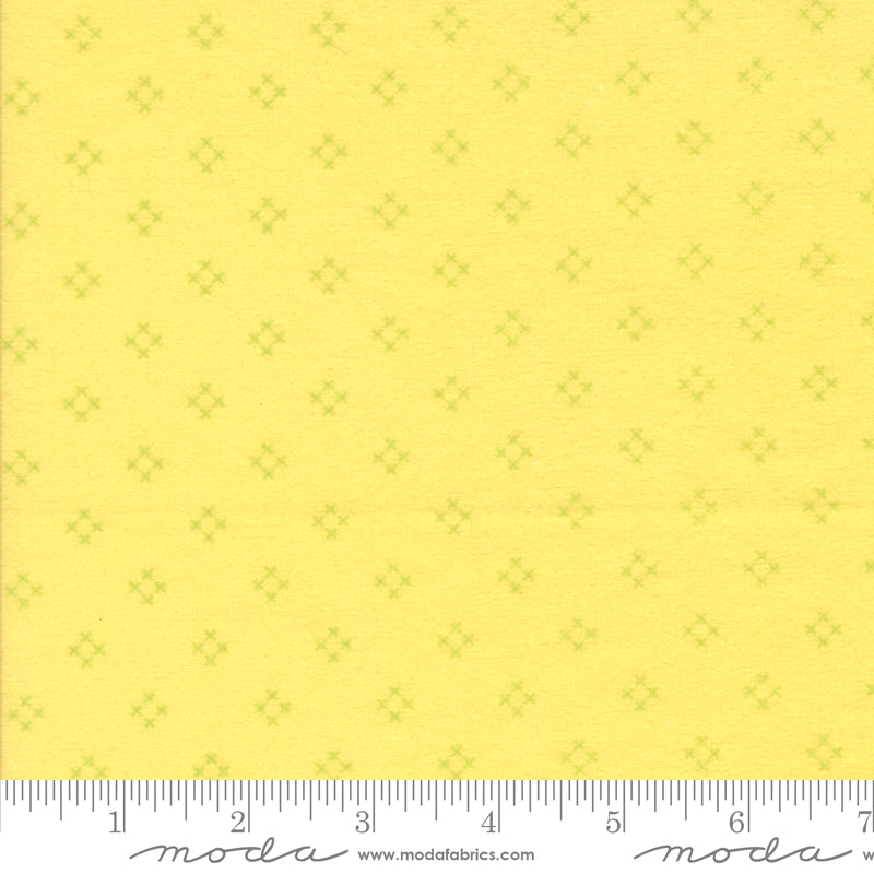 Sherbet Sunshine Flannel Diamond X Sunshine fabric by Corey Yoder of Coriander Quilts for Moda Fabrics featuring light green diamond crosses on yellow background.