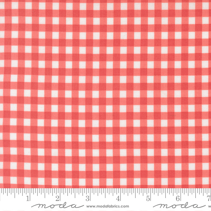 Fruit Salad Gingham Flamingo premium quilting cotton featuring a classic flamingo pink and white gingham check by Corey Yoder for Moda Fabrics.