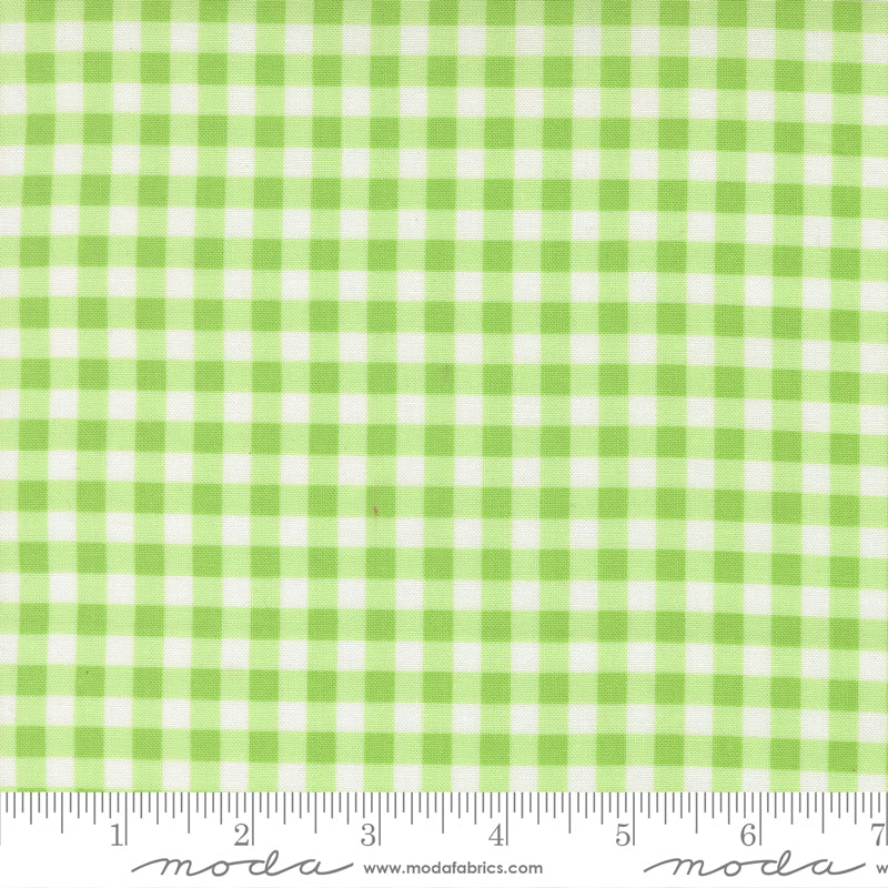 Fruit Salad Gingham Lime premium quilting cotton featuring a classic lime green and white gingham check by Corey Yoder for Moda Fabrics.