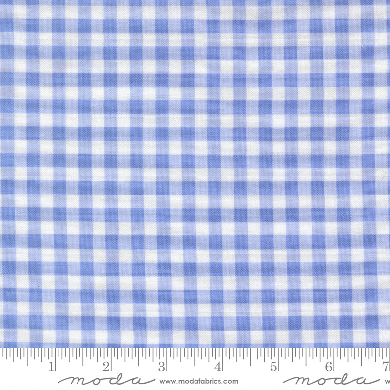 Fruit Salad Gingham Light Blue premium quilting cotton featuring a classic light blue and white gingham check by Corey Yoder for Moda Fabrics.