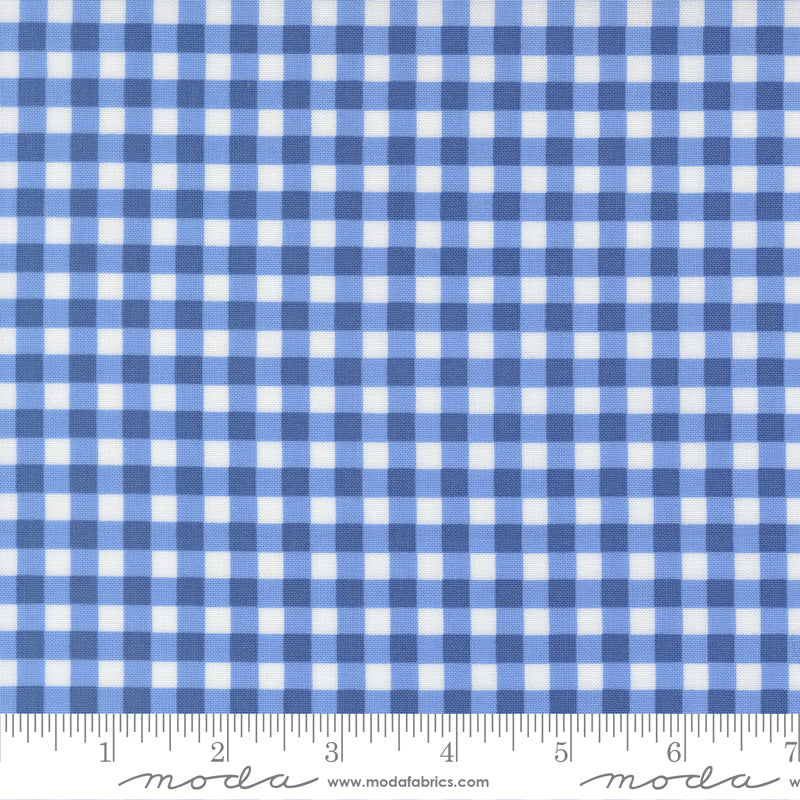 Fruit Salad Gingham Cobalt premium quilting cotton featuring a classic cobalt blue and white gingham check by Corey Yoder for Moda Fabrics.