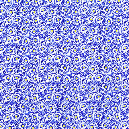 Blue scrolling floral vines and porcelain-inspired motifs on a white background, Classic Curls Porcelain fabric from the Daisy Blue collection by RJR Fabrics.