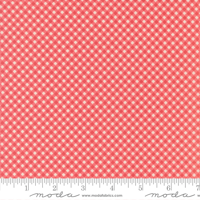 Lyda Rose Petal premium quilting cotton featuring a coral pink background with tiny ivory geometric diamond print by Bunny Hill Designs for Moda Fabrics.