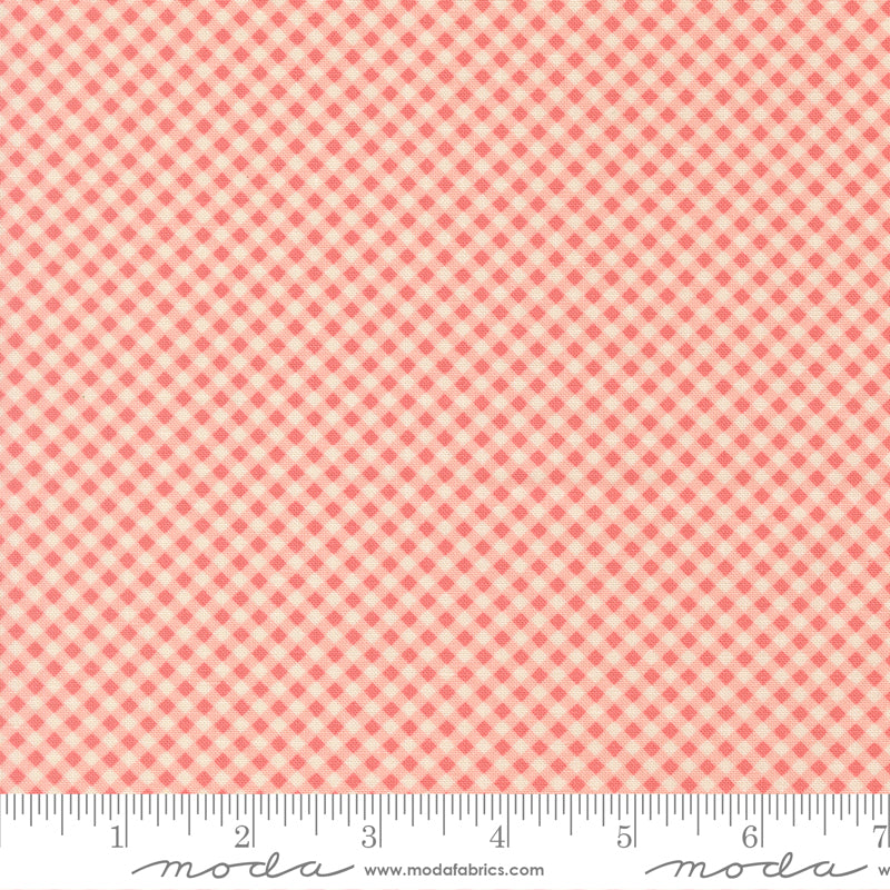 Petals and Polka Dots Gingham Blush quilting cotton featuring a delicate blush pink and ivory mini gingham pattern by Bunny Hill Designs for Moda Fabrics.