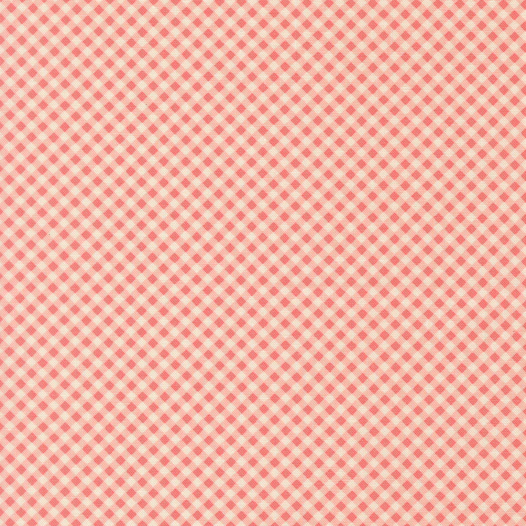Petals and Polka Dots Gingham Blush quilting cotton featuring a delicate blush pink and ivory mini gingham pattern by Bunny Hill Designs for Moda Fabrics.