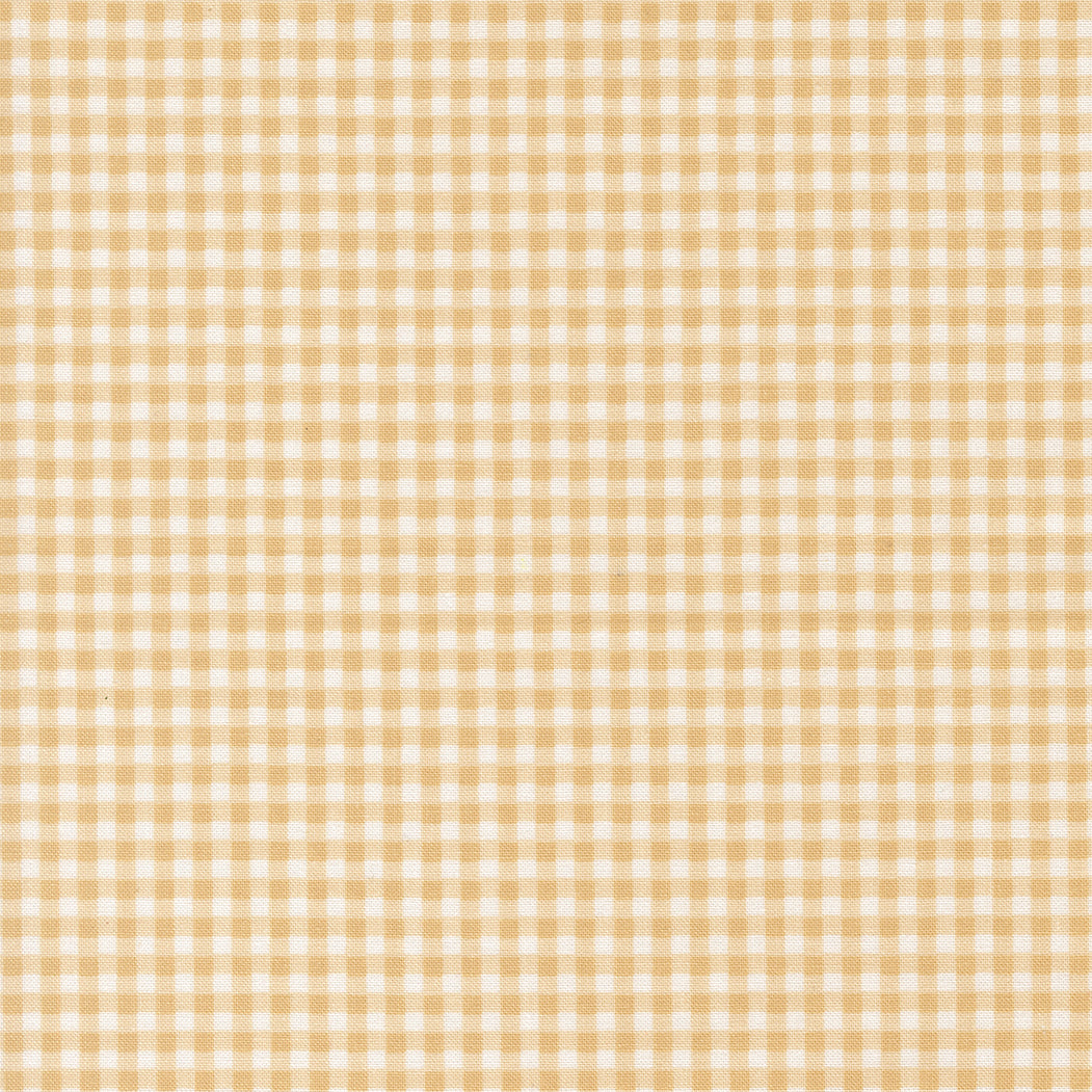 Sunbonnet Mini Gingham Almond cotton fabric by My Sew Quilty Life for Moda Fabrics showing beige and white small checks.