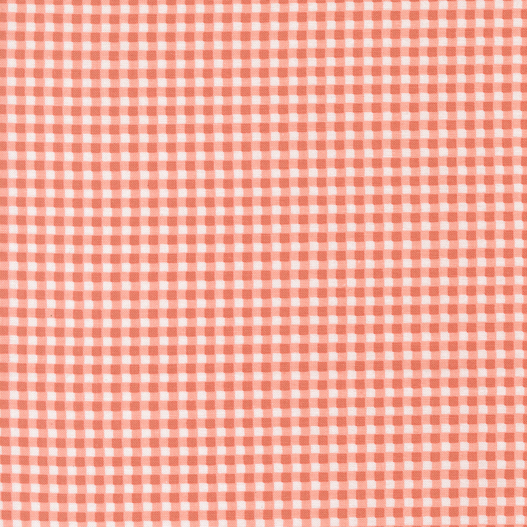 Sunbonnet Mini Gingham Coral cotton fabric by My Sew Quilty Life for Moda Fabrics showing coral and white checks.