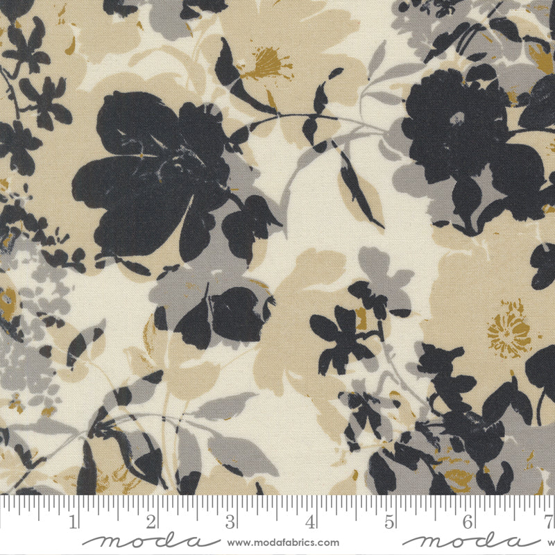 Cream cotton fabric with charcoal gray and golden abstract floral design