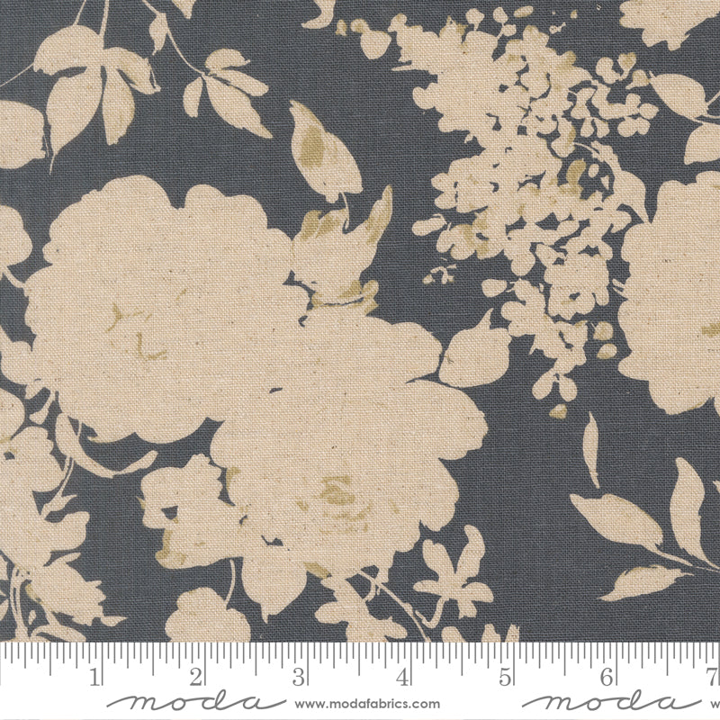 Neutral cotton linen fabric with layered charcoal gray and gold floral design