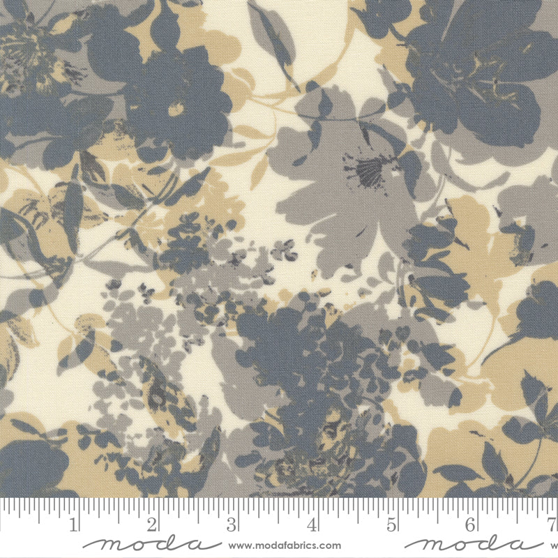 Neutral cotton fabric with blue gray taupe and golden abstract floral design