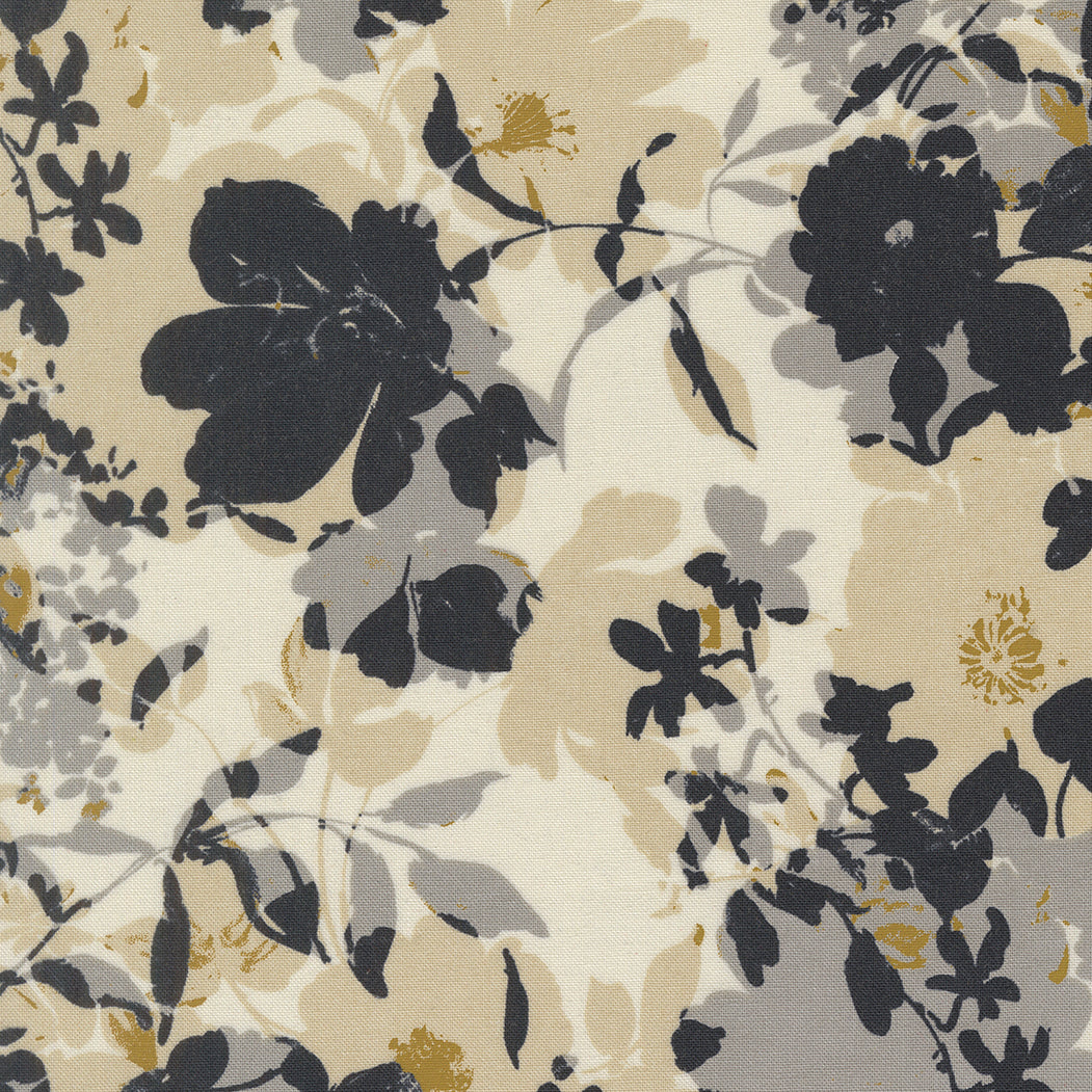 Cream cotton fabric with charcoal gray and golden abstract floral design