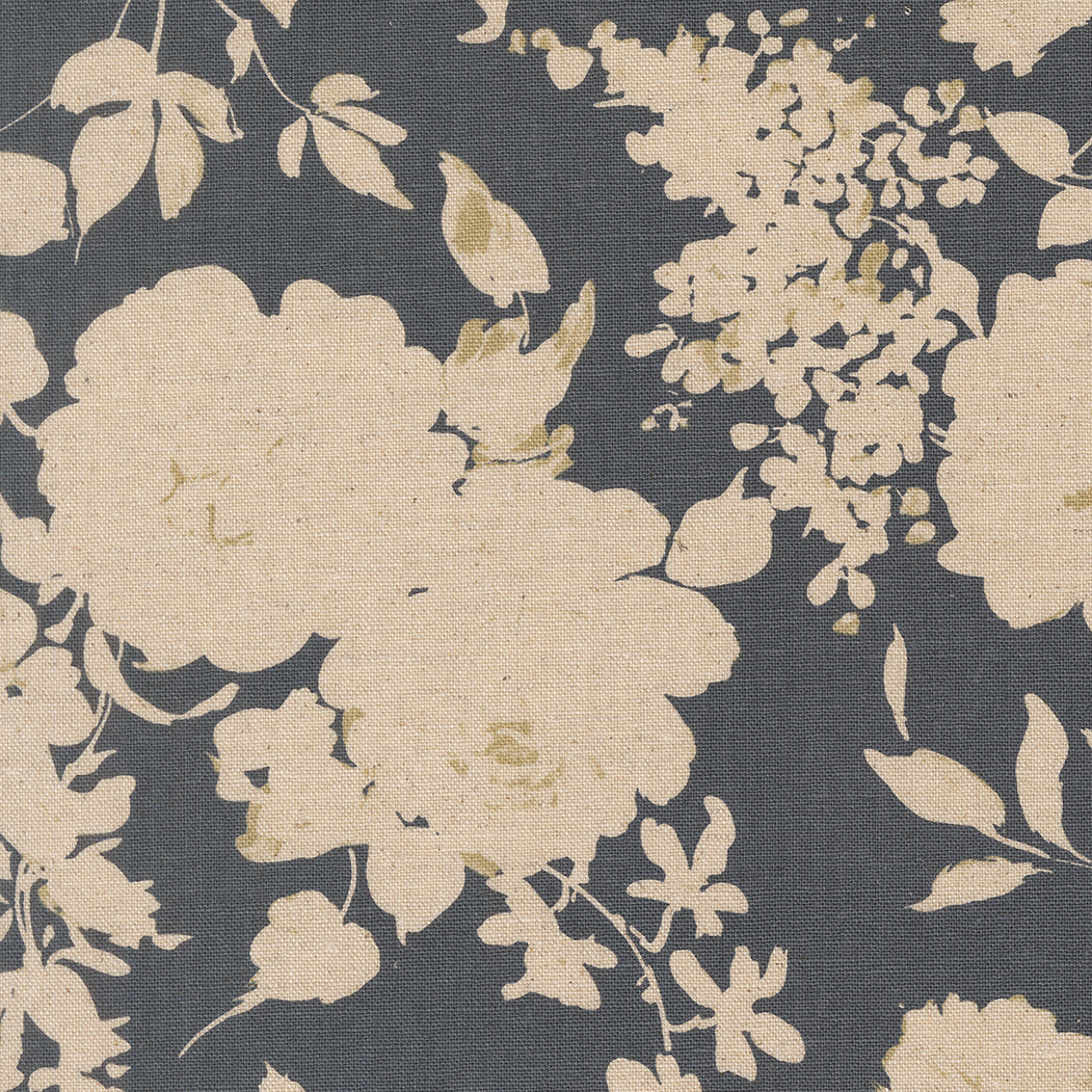 Neutral cotton linen fabric with layered charcoal gray and gold floral design