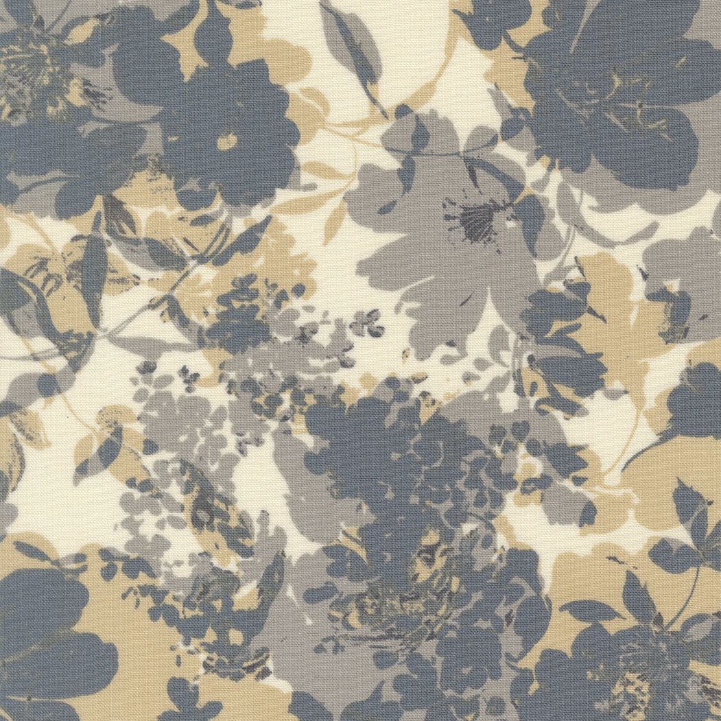 Neutral cotton fabric with blue gray taupe and golden abstract floral design