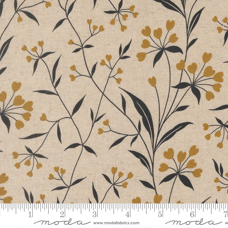 Cream cotton linen fabric with mustard floral botanical print and charcoal stems