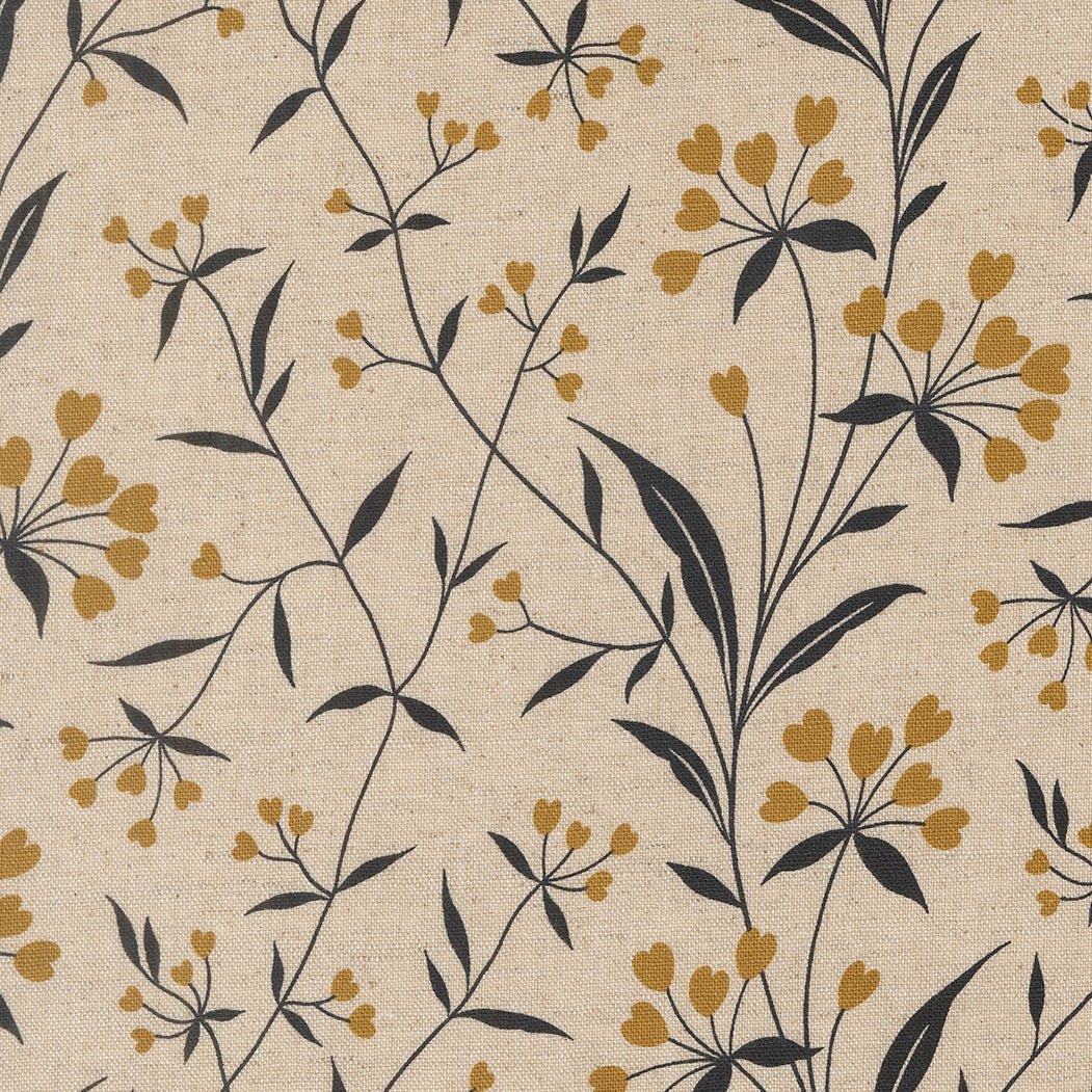 Cream cotton linen fabric with mustard floral botanical print and charcoal stems