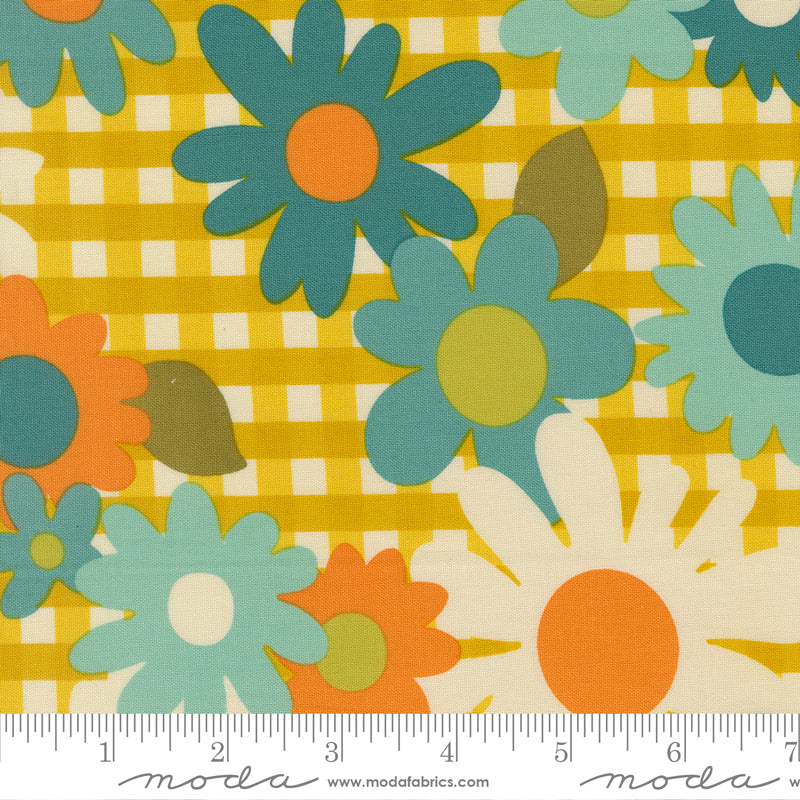 Citrine floral fabric yellow gingham blooming blossoms Moda cotton