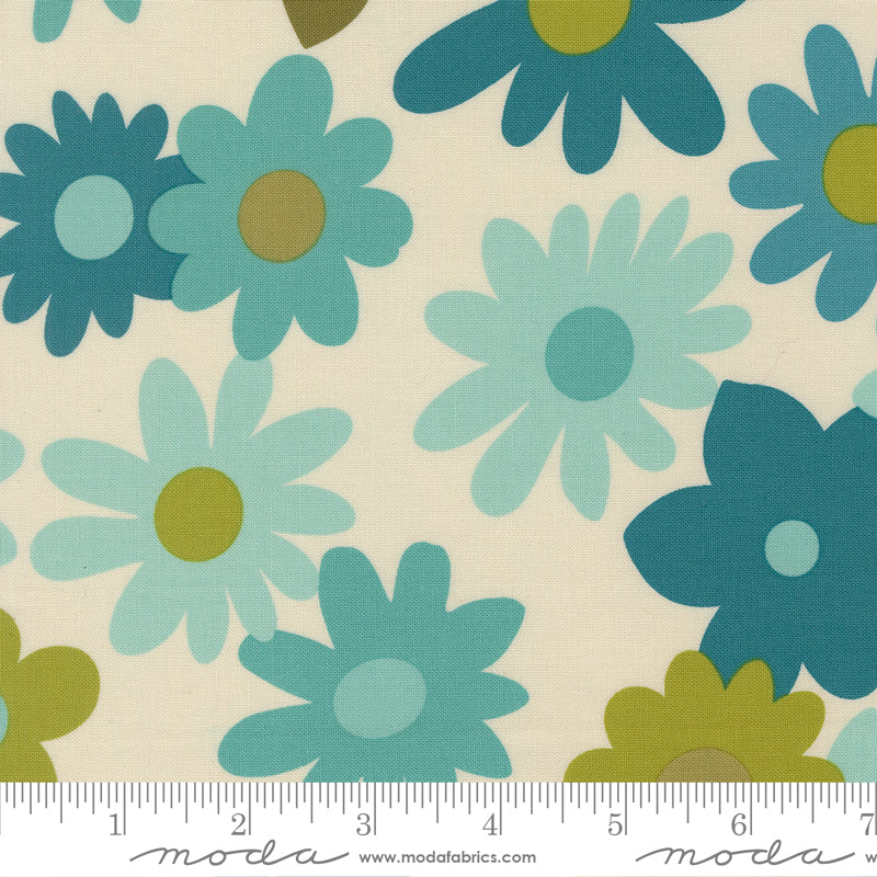 Aqua floral fabric retro blossoms Moda cotton cream background