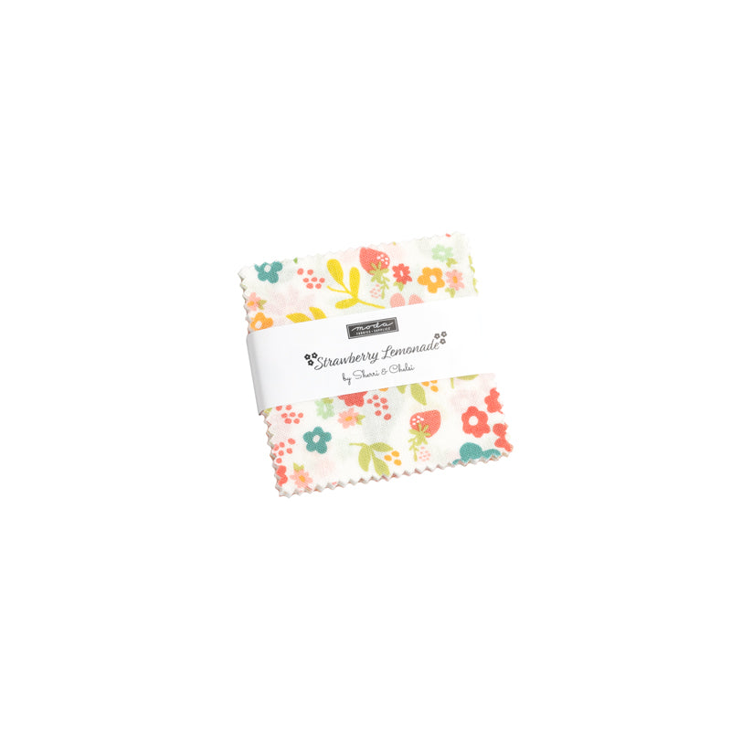 Strawberry Lemonade Mini Charm Pack by Sherri & Chelsi for Moda Fabrics featuring 42 coordinated 2.5-inch premium cotton fabric squares with cheerful florals, ginghams, tiny blossoms, and fresh spring colors including coral, teal, green, pink, and white.