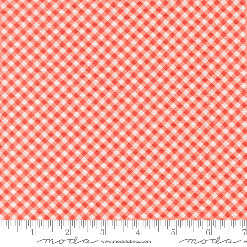 Poinsettia and Pear Gingham Geranium premium quilting cotton featuring a classic geranium red and ivory gingham plaid by Cherri & Chelsi for Moda Fabrics.
