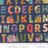 Colorful alphabet collage print on navy background by Cathe Holden for Moda Fabrics.