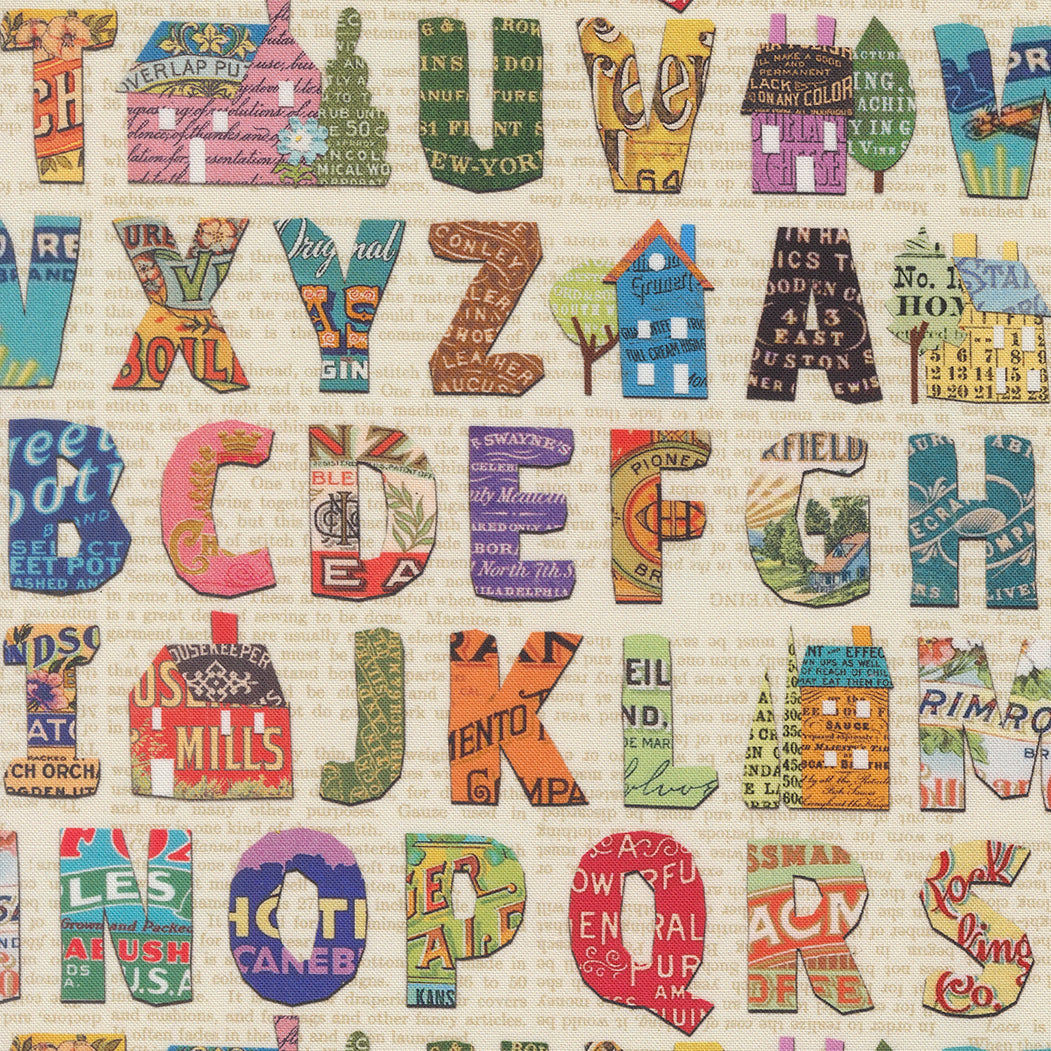 Alphabet collage quilting cotton fabric with vintage typography and paper ephemera by Cathe Holden for Moda Fabrics.