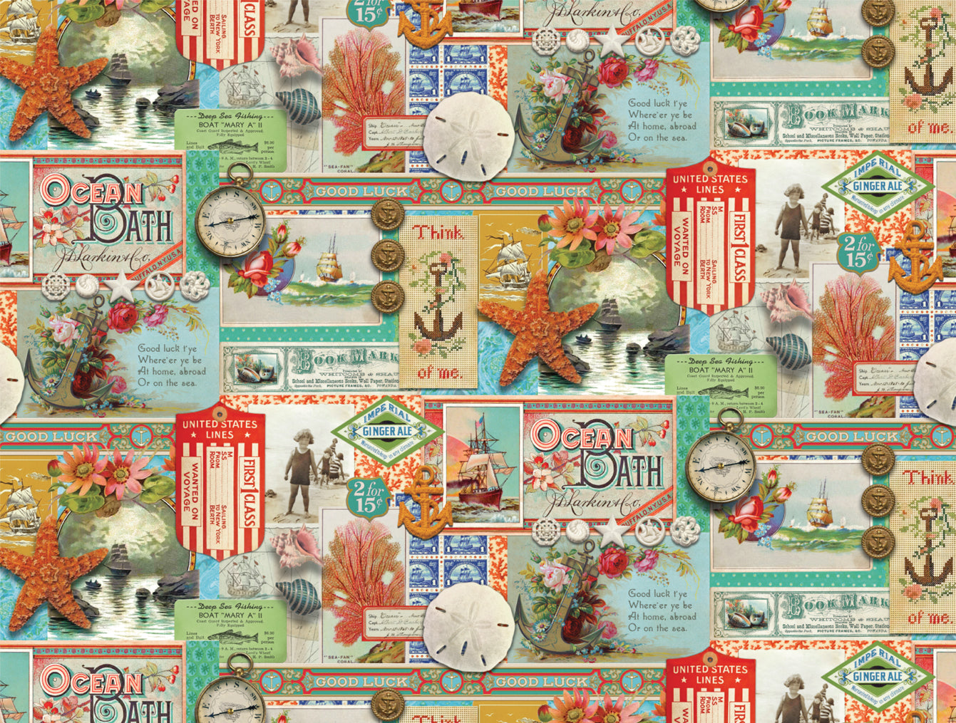 Saltwater All Aboard Patchwork quilting cotton by Cathe Holden for Moda Fabrics featuring vintage nautical postcards, anchors, sailing ships, seashells, starfish, coral, compasses, and coastal ephemera.