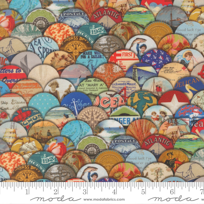 Saltwater Hidden Treasure quilting cotton by Cathe Holden for Moda Fabrics featuring a collage of vintage nautical buttons with ships, anchors, ocean scenes, postcards, and coastal imagery.