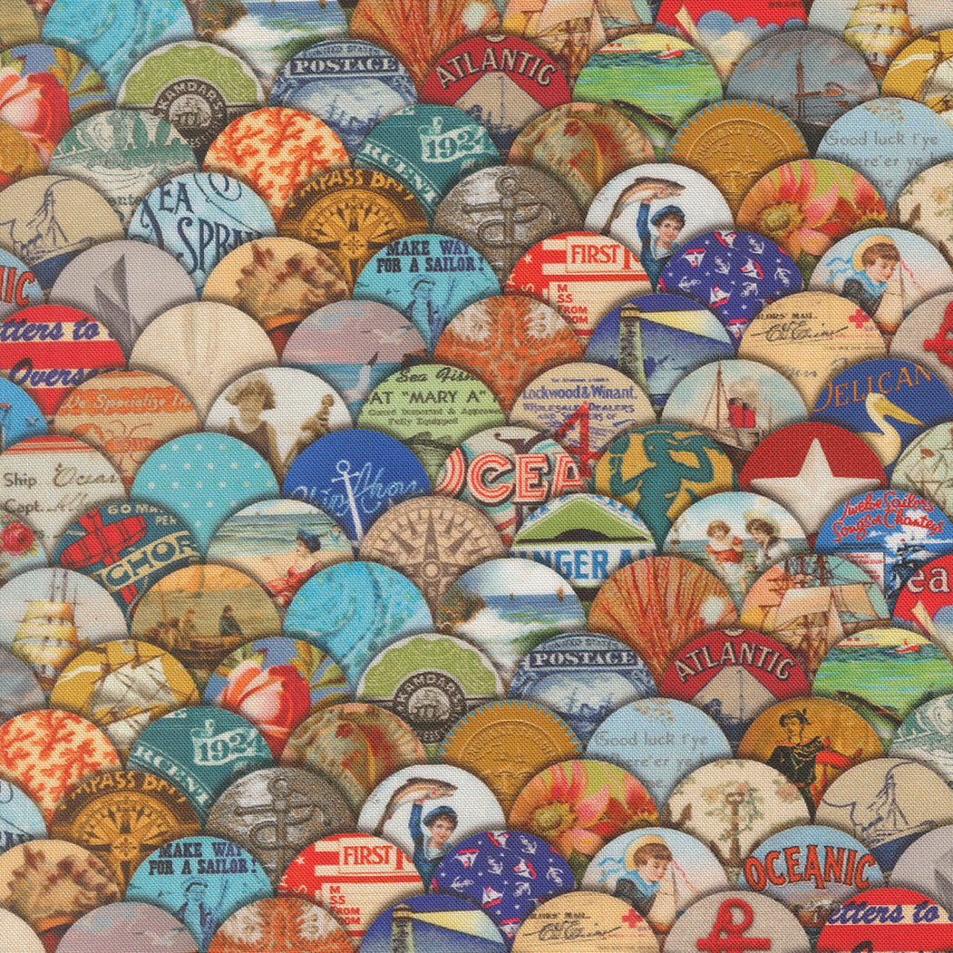 Saltwater Hidden Treasure quilting cotton by Cathe Holden for Moda Fabrics featuring a collage of vintage nautical buttons with ships, anchors, ocean scenes, postcards, and coastal imagery.