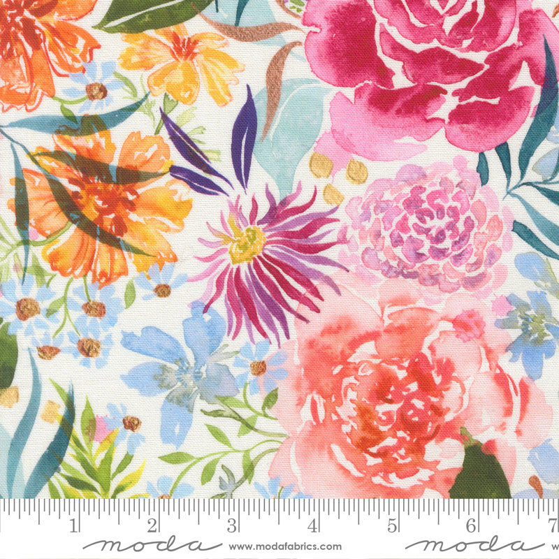 Soulstice Large Floral Watercolor Cloud Canvas by Create Joy Project for Moda Fabrics featuring oversized watercolor flowers in vibrant shades on a soft cloud background.