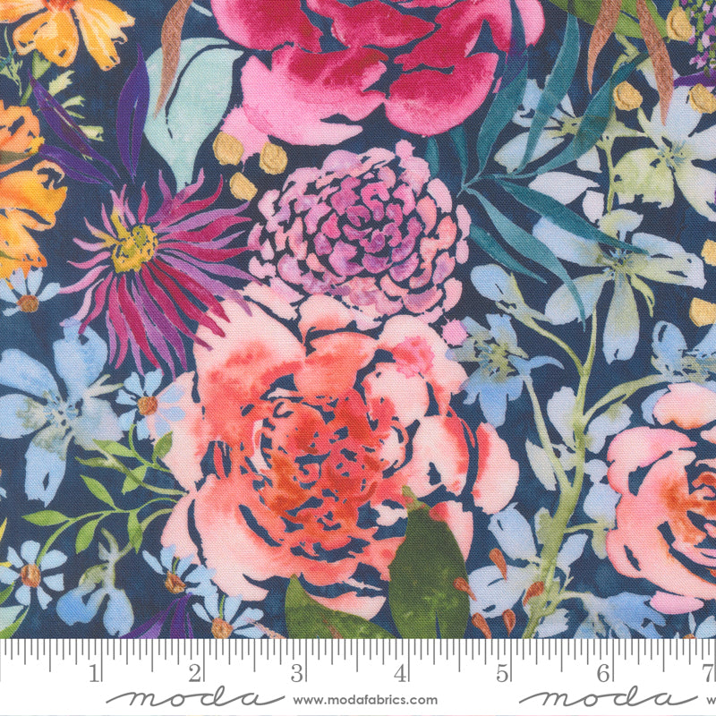 Soulstice Large Floral Watercolor Navy Canvas by Create Joy Project for Moda Fabrics featuring oversized watercolor flowers in vibrant shades on a rich navy premium cotton canvas background.