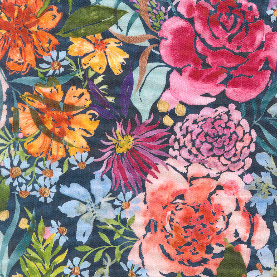 Soulstice Large Floral Watercolor Navy Canvas by Create Joy Project for Moda Fabrics featuring oversized watercolor flowers in vibrant shades on a rich navy premium cotton canvas background.