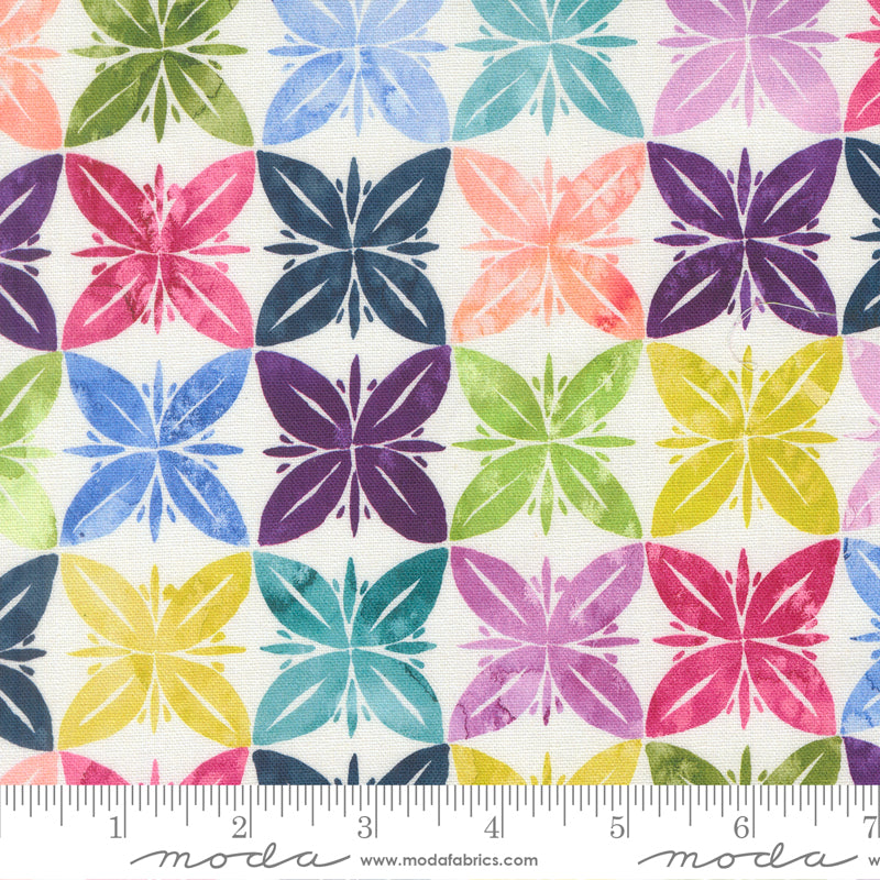 Soulstice Slow Stroll Rainbow Canvas fabric by Create Joy Project for Moda Fabrics featuring colorful geometric floral motifs on premium cotton canvas.