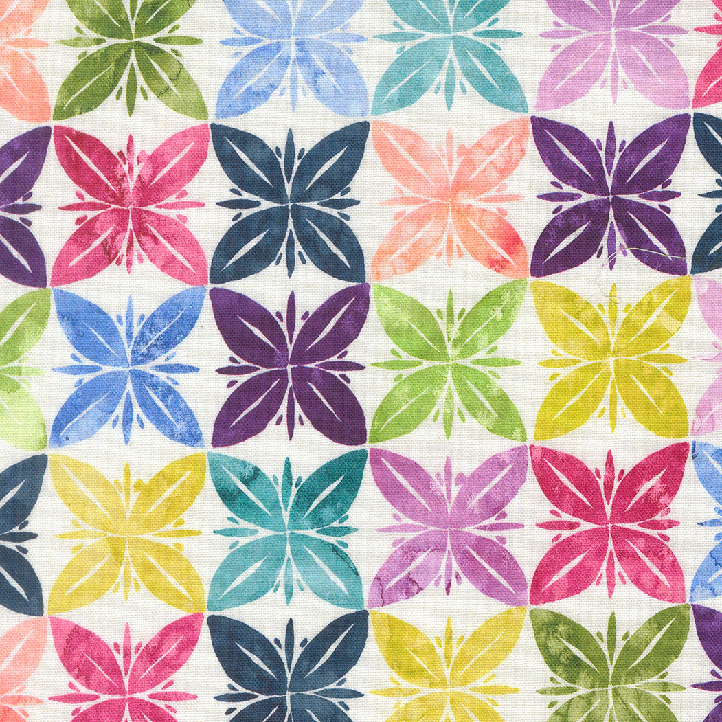 Soulstice Slow Stroll Rainbow Canvas fabric by Create Joy Project for Moda Fabrics featuring colorful geometric floral motifs on premium cotton canvas.