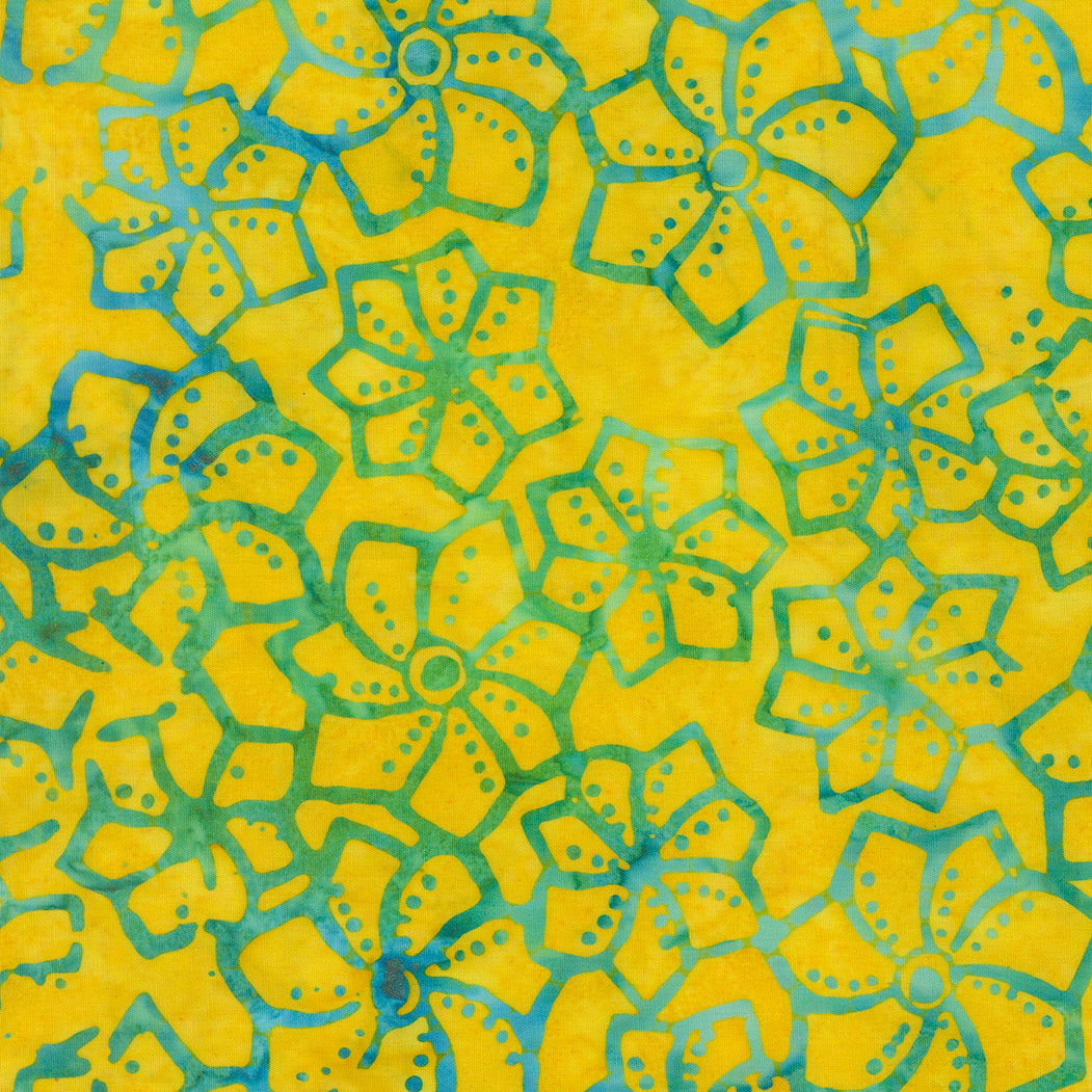 Sunburst Batiks Sun fabric by Moda Fabrics featuring turquoise tropical floral blooms on a vibrant sunshine yellow premium batik cotton background.