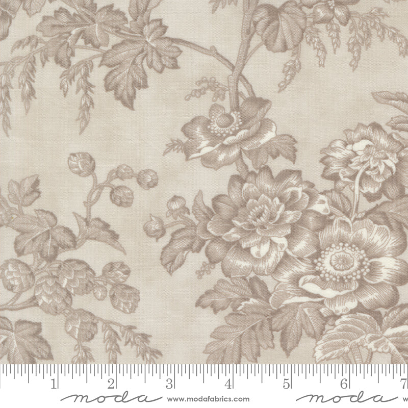 Vintage Linens Sisters Florals Silver fabric by 3 Sisters—soft grey floral print on cotton (Moda 44360 14).