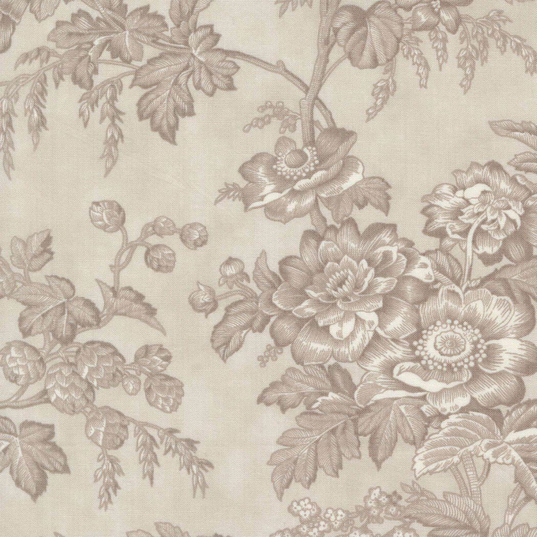 Vintage Linens Sisters Florals Silver fabric by 3 Sisters—soft grey floral print on cotton (Moda 44360 14).