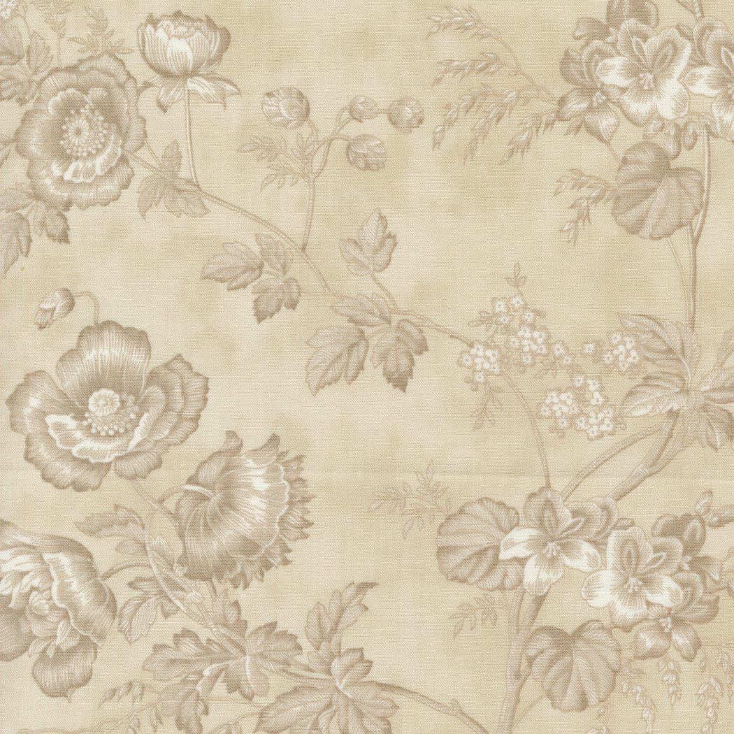Vintage Linens Sisters Florals Taupe fabric by 3 Sisters is elegant taupe floral print on cotton (Moda 44360 15).