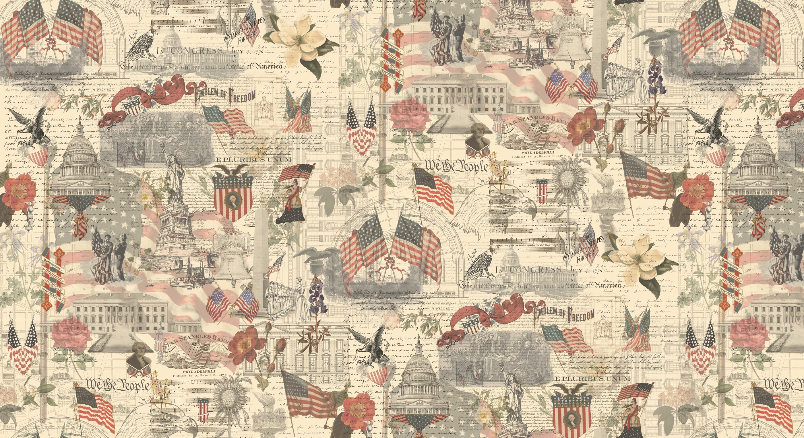 Patriotic Americana Porcelain quilting cotton by 3 Sisters for Moda Fabrics featuring American flags, the Statue of Liberty, White House, U.S. Capitol, eagles, vintage florals, and historical documents on a porcelain background.