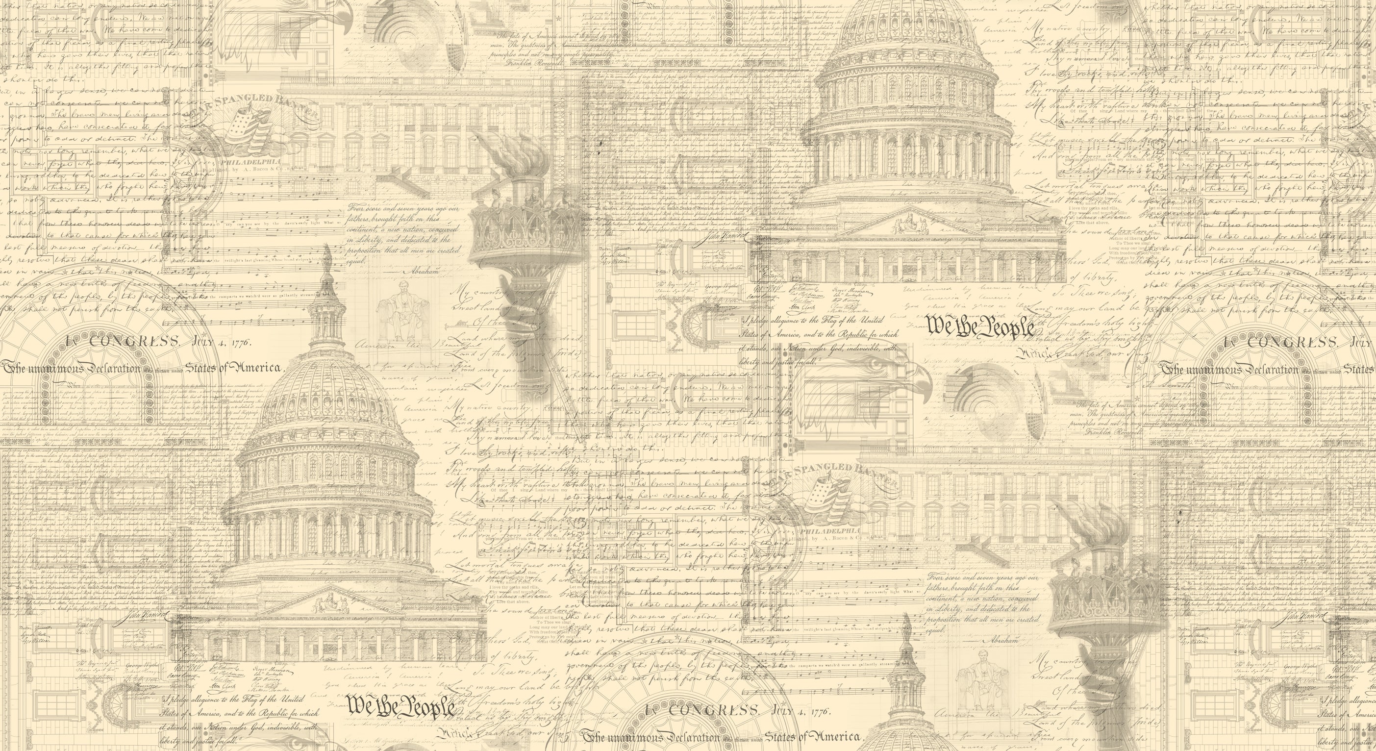 Patriotic Parchment 108-inch wide quilt backing by 3 Sisters for Moda Fabrics featuring the U.S. Capitol, Statue of Liberty, Constitution, Declaration of Independence, and vintage Americana illustrations on a parchment background.