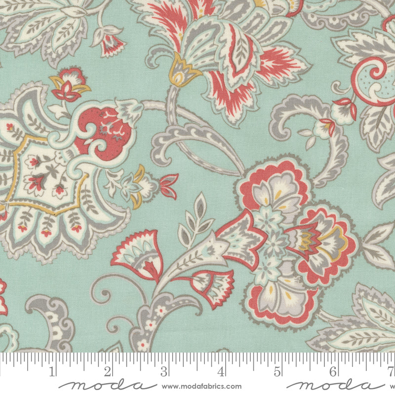 Sandalwood Fleur Paisley Eucalyptus fabric by 3 Sisters featuring elegant green paisley design on cotton background.
