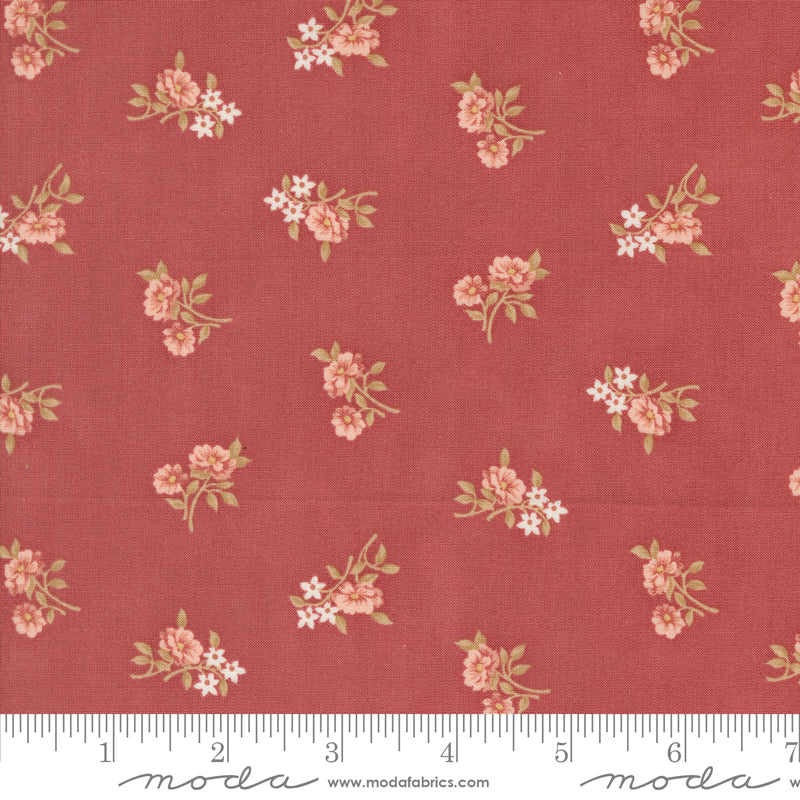 Sandalwood Rosalie Small Floral Rosewood fabric by 3 Sisters with dainty florals on a warm red background