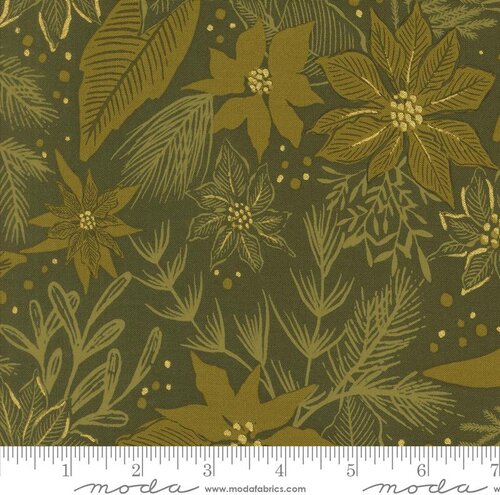 Old World Yuletide poinsettia floral pine green fabric with metallic gold accents by Fancy That Design House for Moda Fabrics