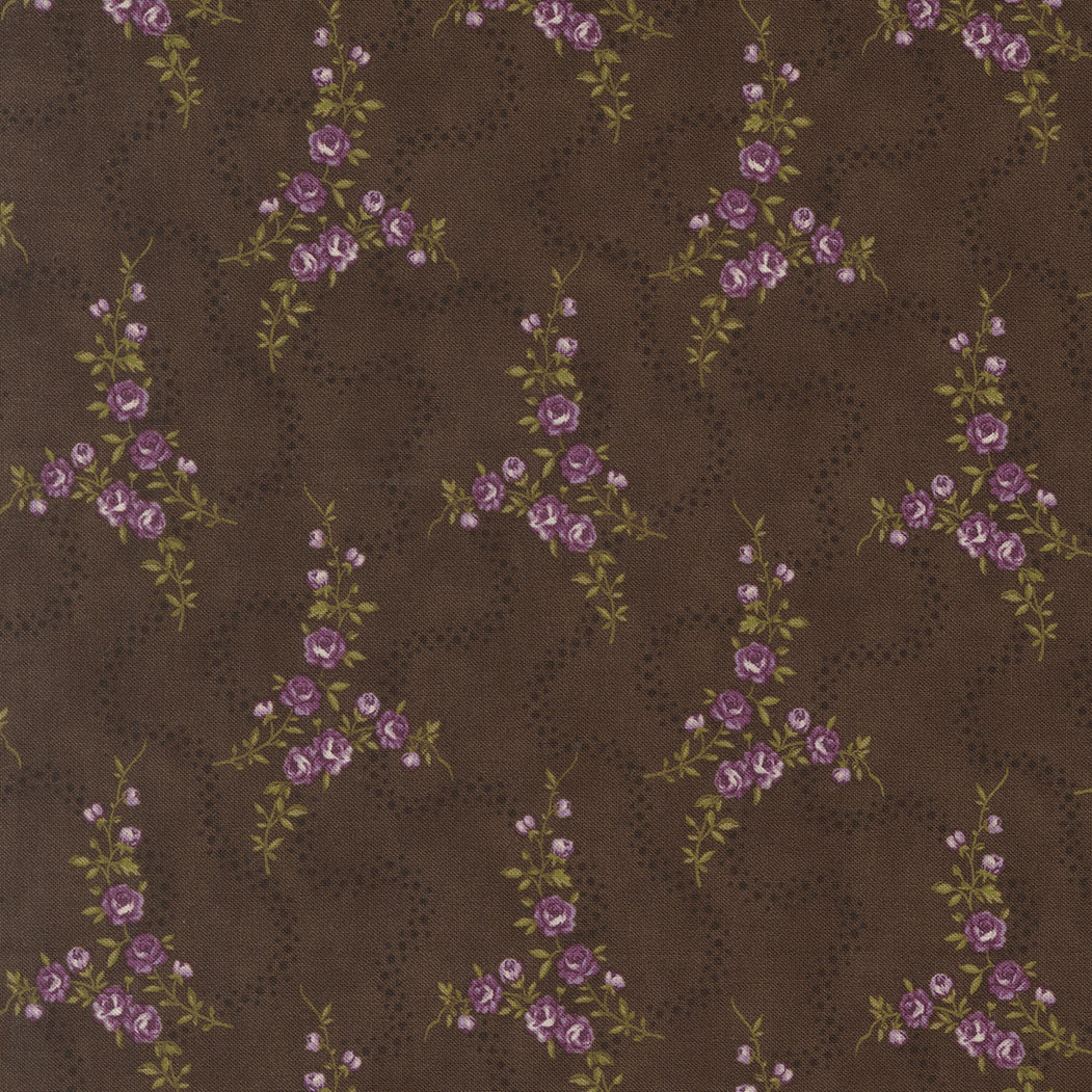 Collections Essence Meandering Path Florals Soil fabric by Howard Marcus for Moda Fabrics featuring delicate lavender floral vines on a rich soil brown premium cotton background.
