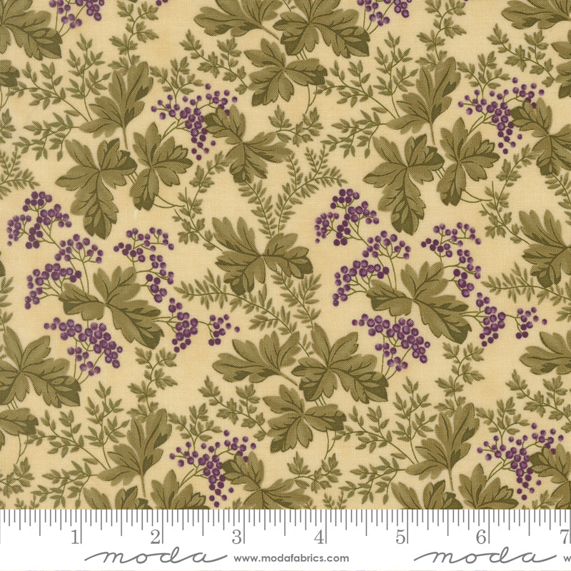 Collections Essence Florals Parchment fabric by Howard Marcus for Moda Fabrics featuring sage green botanical leaves and delicate lavender flowers on a soft parchment cream background.