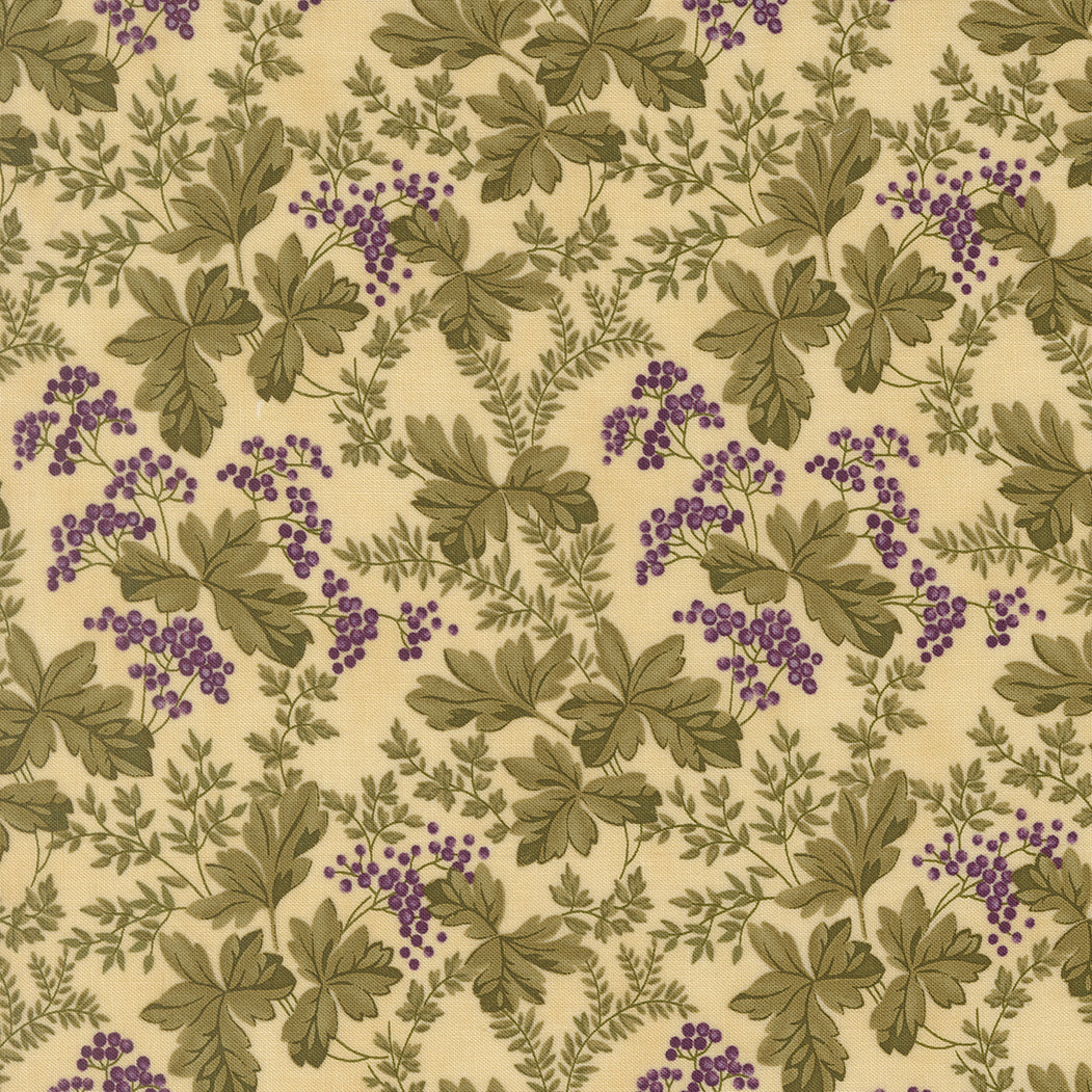 Collections Essence Florals Parchment fabric by Howard Marcus for Moda Fabrics featuring sage green botanical leaves and delicate lavender flowers on a soft parchment cream background.