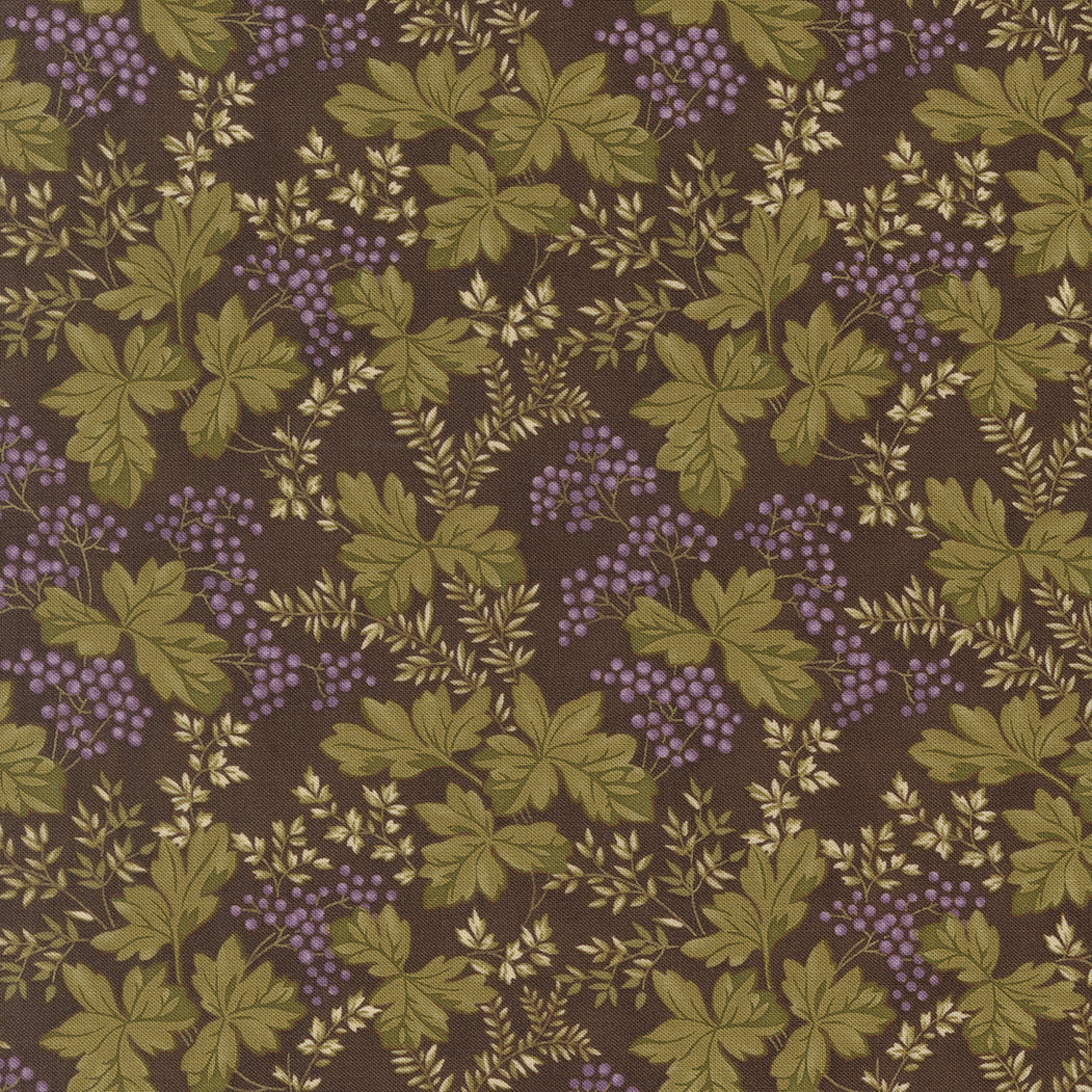 Collections Essence Florals Soil fabric by Howard Marcus for Moda Fabrics featuring olive green botanical leaves and lavender berry clusters on a rich brown background.