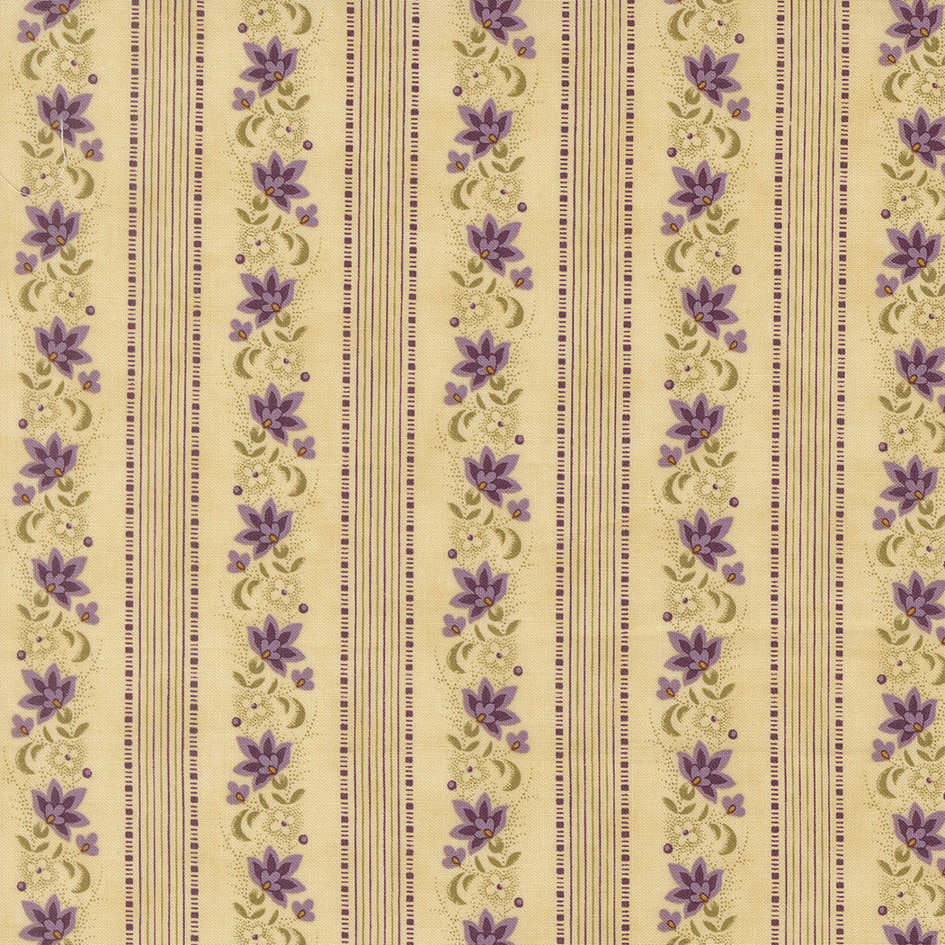Collections Essence Floral Stripes Parchment fabric by Howard Marcus for Moda Fabrics featuring elegant lavender floral vines and delicate vertical stripes on a warm parchment premium cotton background.