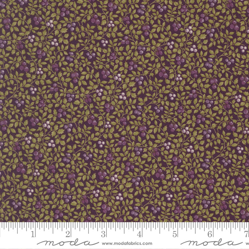 Collections Essence Little Vines Plum fabric by Howard Marcus for Moda Fabrics featuring delicate olive vines with tiny plum and ivory blossoms on a rich plum background.